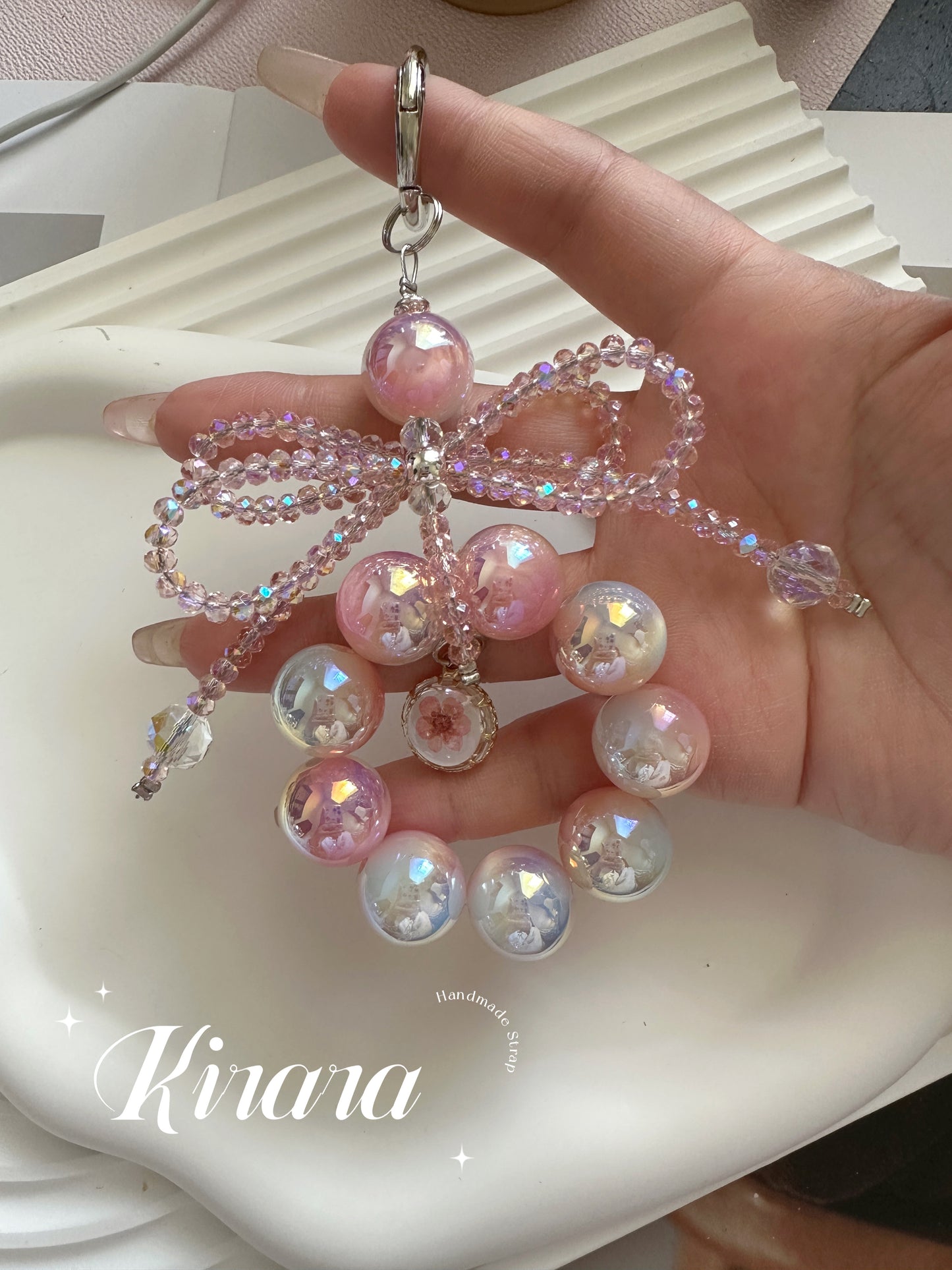 Iridescent Bow Charm Keychain – Sparkling Beaded Bag Charm / Phone Accessory