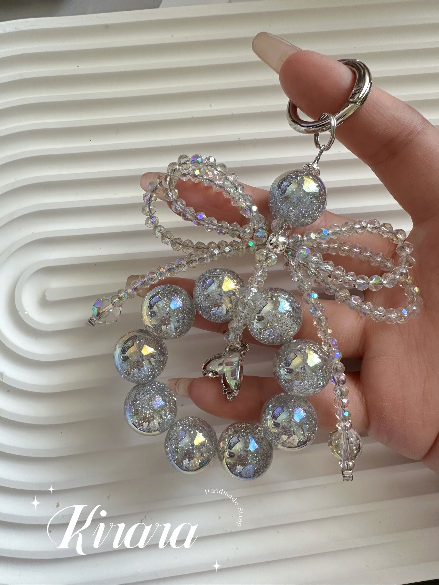 Iridescent Bow Charm Keychain – Sparkling Beaded Bag Charm / Phone Accessory