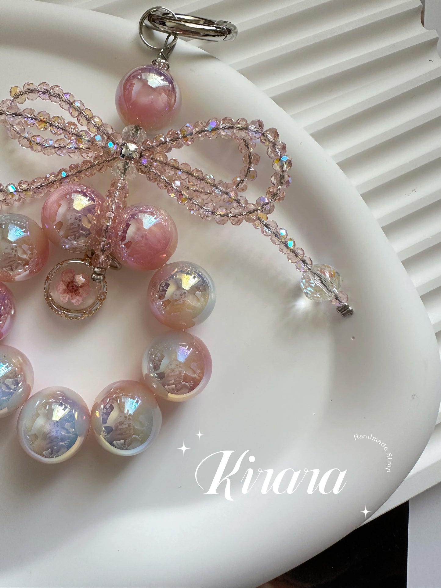 Iridescent Bow Charm Keychain – Sparkling Beaded Bag Charm / Phone Accessory