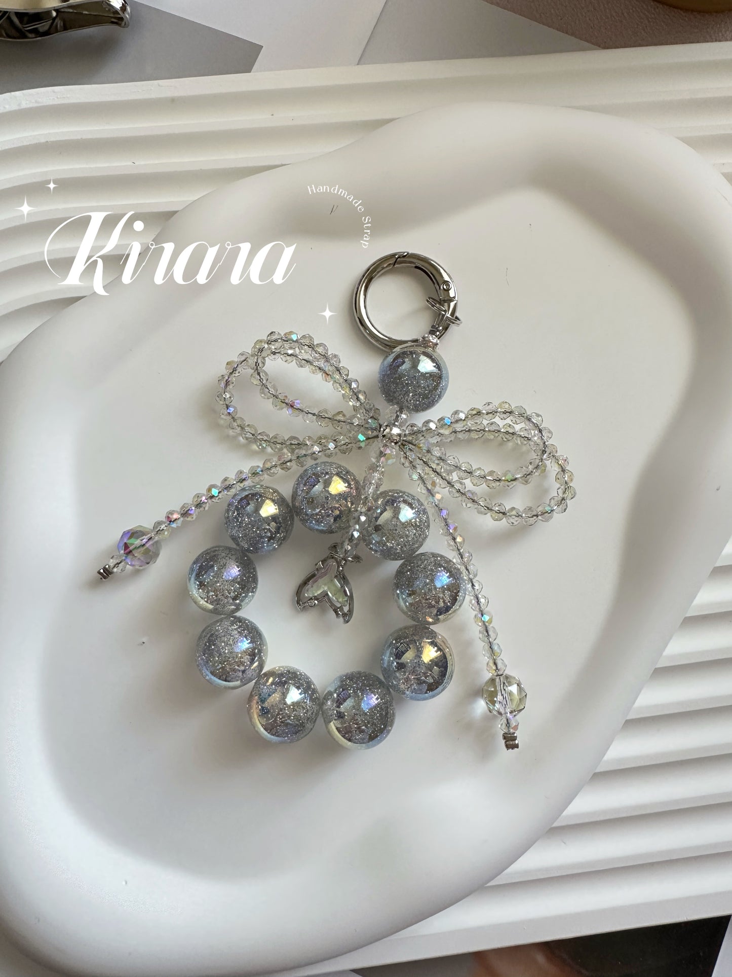 Iridescent Bow Charm Keychain – Sparkling Beaded Bag Charm / Phone Accessory