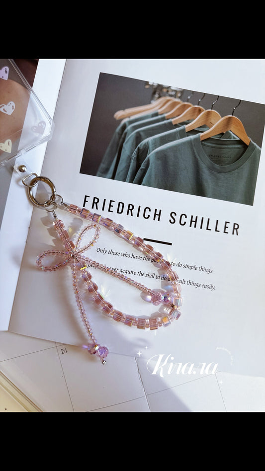 Elegant Pink Beaded Phone Charm – Handmade Crystal Bow Strap